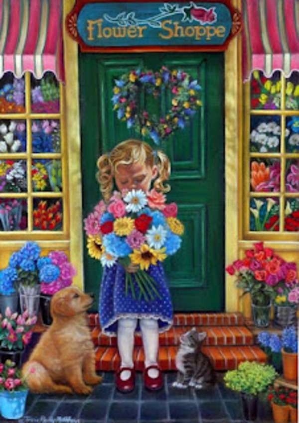 Girl buys flowers at the florist jigsaw puzzle online