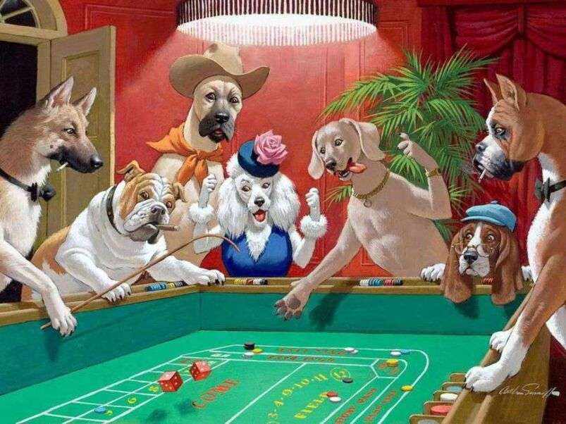 Group of puppies playing dice jigsaw puzzle online