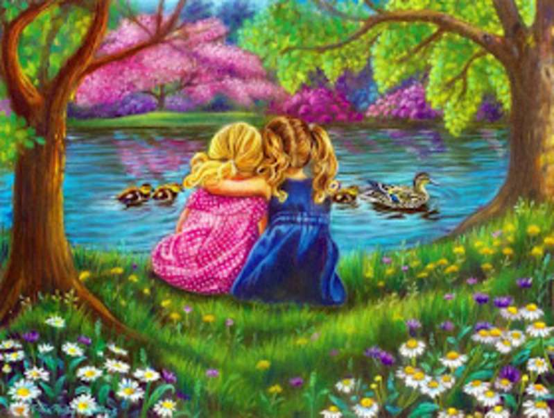 Little girls hugging watching the ducklings online puzzle