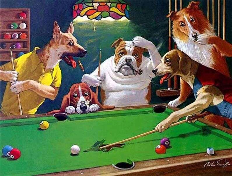 Chiots pensant à un jeu de billard puzzle en ligne