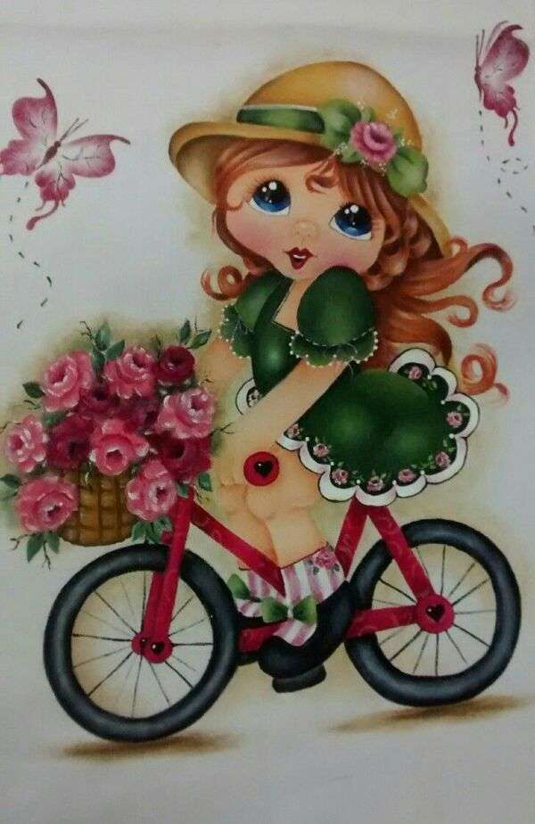 Flicka målar grön klänning och rosor på cykel Pussel online