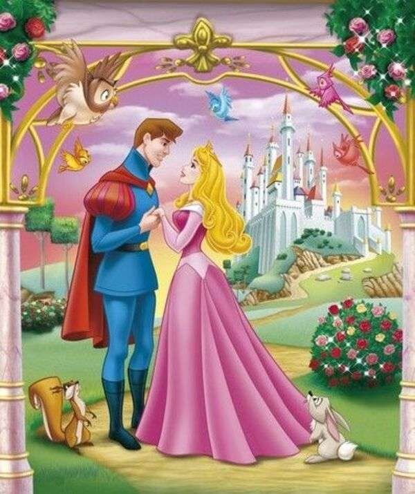 Cinderela em frente ao castelo com o príncipe #3 puzzle online