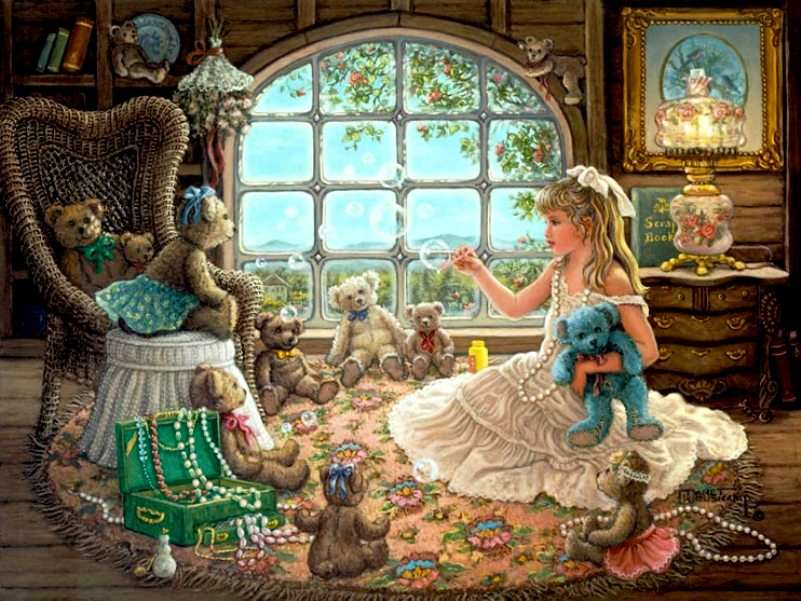 blonde girl playing with teddy bears jigsaw puzzle online