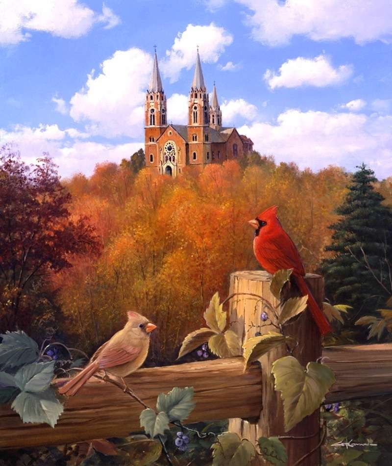 paysage de château avec petits oiseaux puzzle en ligne
