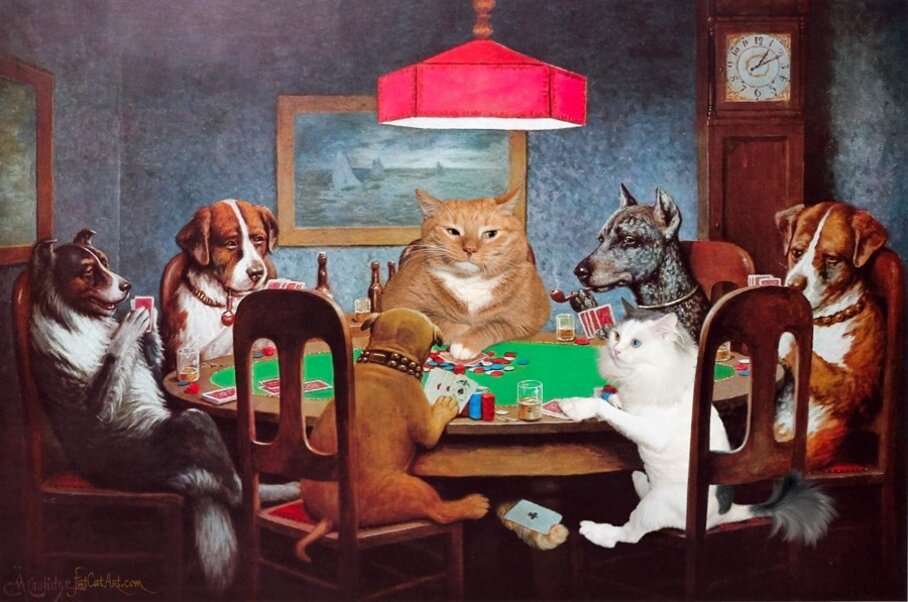 Chiots et chatons jouant au poker puzzle en ligne