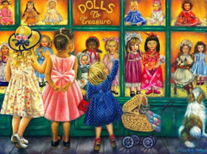 Девочки смотрят на витрину кукольного магазина онлайн-пазл