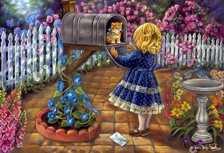 Little girl taking the kitten out of the mailbox jigsaw puzzle online