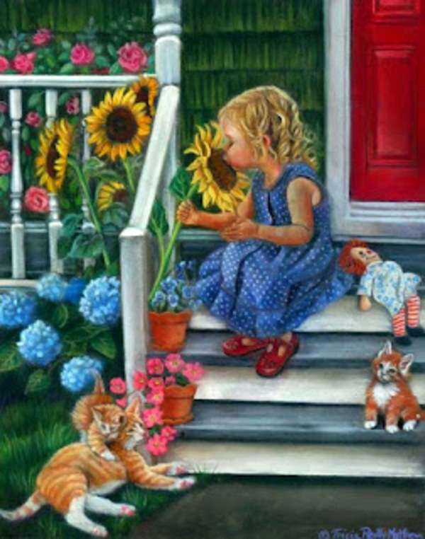 Little girl smelling the aroma of sunflowers jigsaw puzzle online