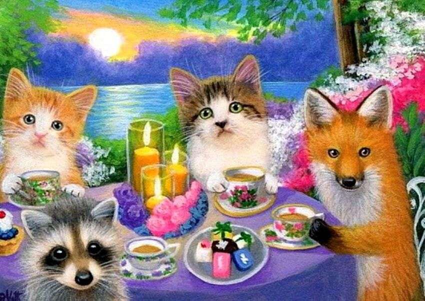 Kattungar och sällskap njuter av kaffe Pussel online