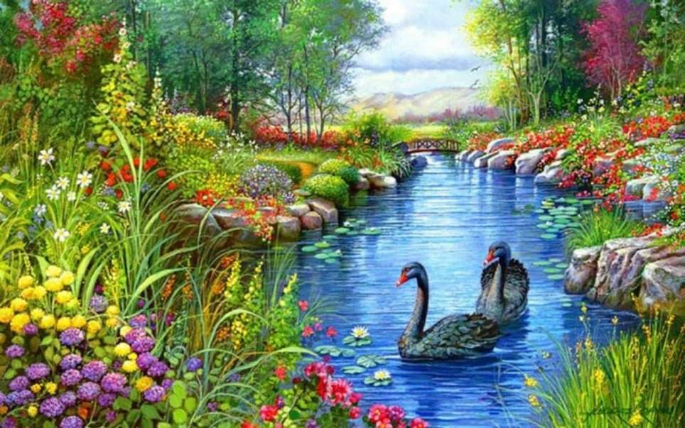 Cisnes bonitos nadam no canal #2 puzzle online