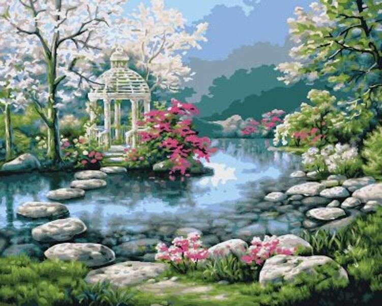 Vacker trädgård omgiven av vatten japanska #1 pussel på nätet
