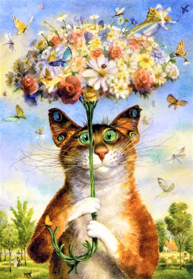 Dröm om en katt och dess blommiga paraply Pussel online
