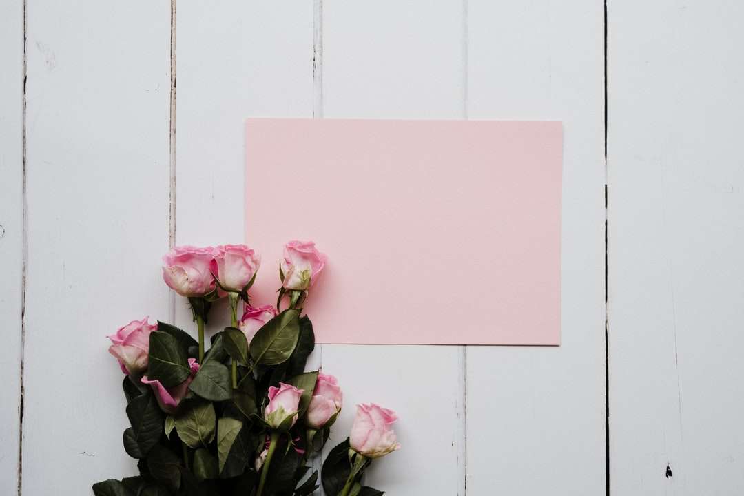 ramo de rosas rosadas en la pared de madera blanca rompecabezas en línea