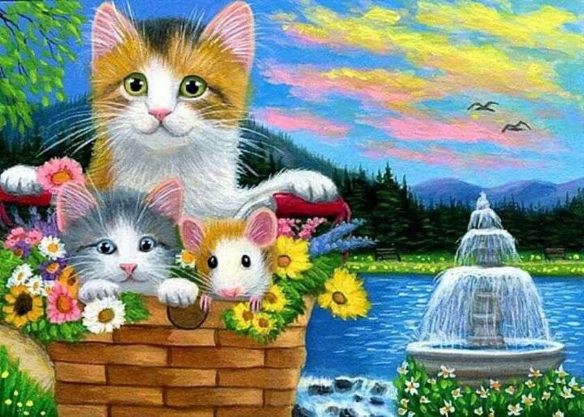 Kittens met een muis in een mand online puzzel