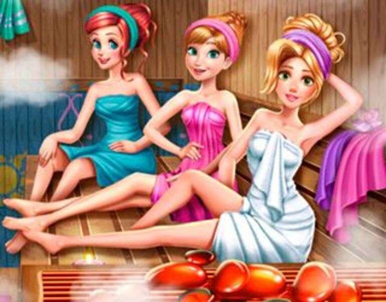 Tři přátelé si užívají saunu skládačky online