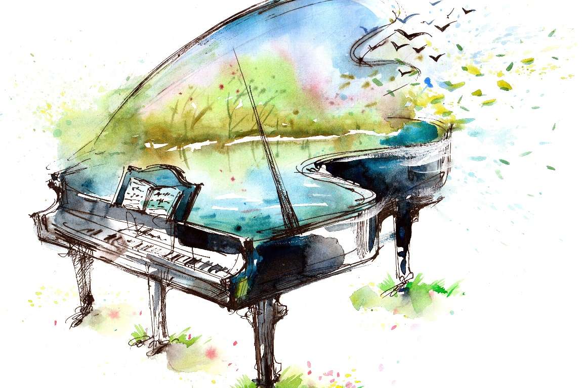 Фортепиано: ноты рождаются из пейзажей пазл онлайн