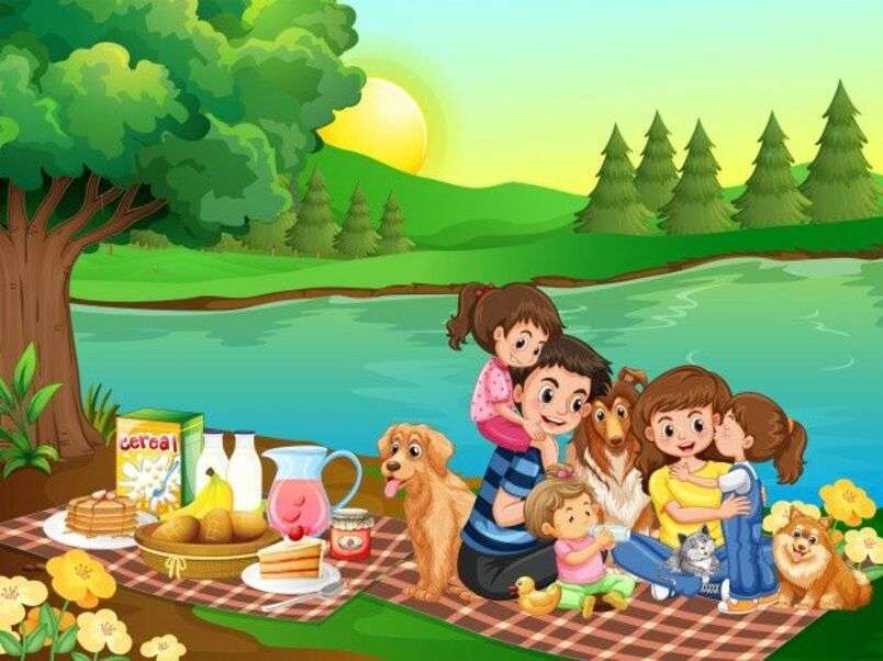 Famille et animaux de compagnie pique-niquer au bord du lac puzzle en ligne