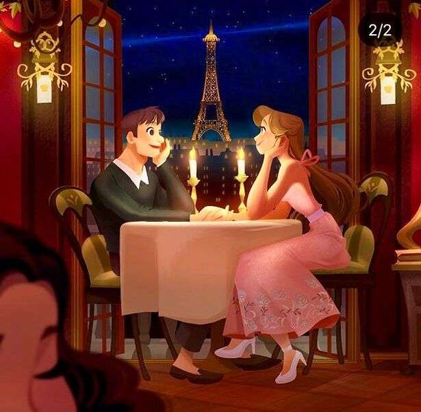 Un couple d'amoureux dîne à Paris puzzle en ligne