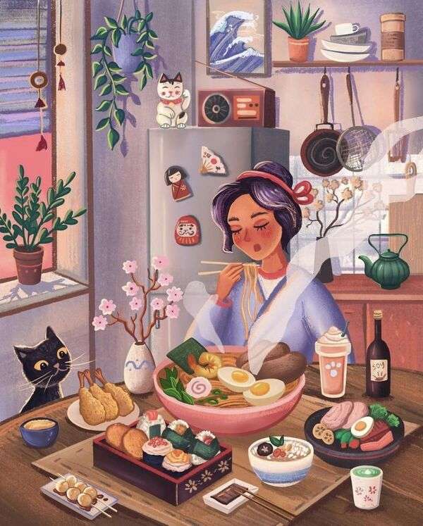Señora y su gatito cenando rompecabezas en línea