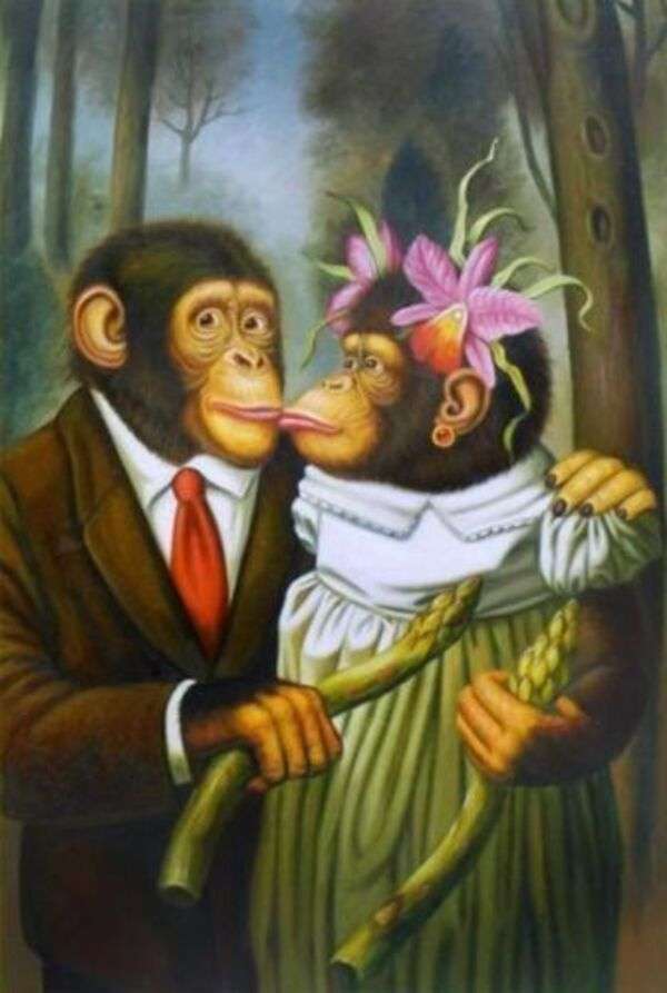 Маленькие влюбленные обезьянки целуют друг друга пазл онлайн