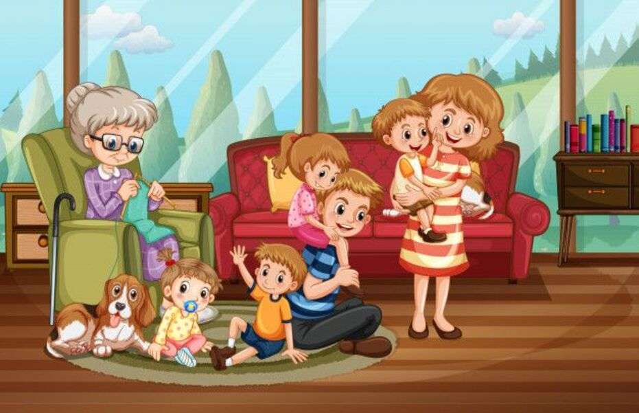 Feliz vovó e mãe em casa com crianças quebra-cabeças online