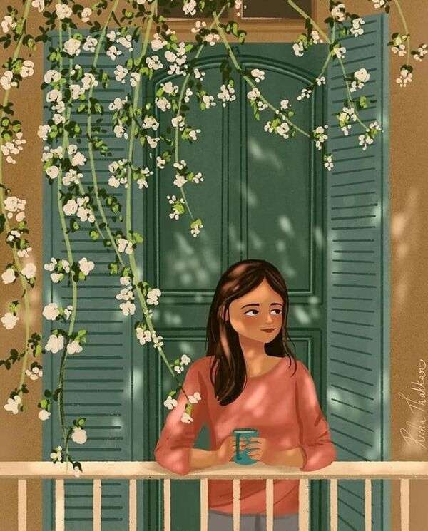 Meisje drinkt koffie op het balkon legpuzzel online
