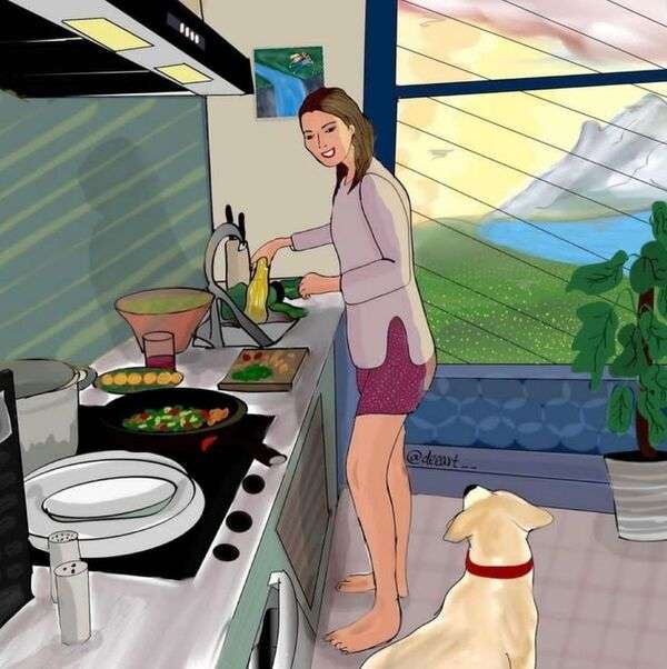 Το κουτάβι κοιτάζει την ερωμένη του να μαγειρεύει παζλ online