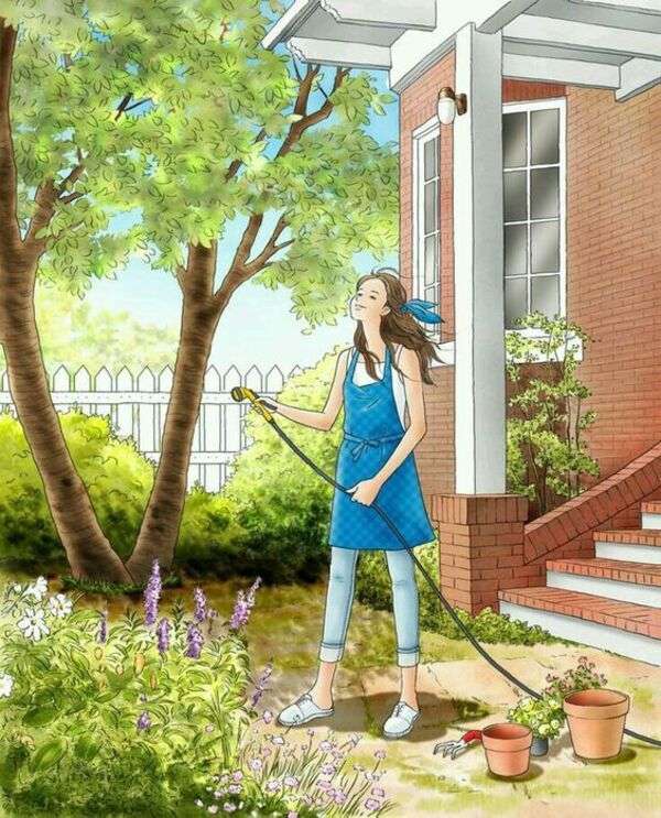 Девушка поливает свой сад онлайн-пазл