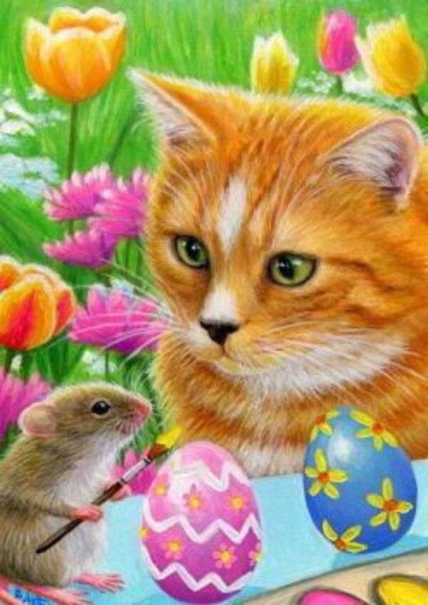 Kitten kijkt naar met muis beschilderde eieren online puzzel