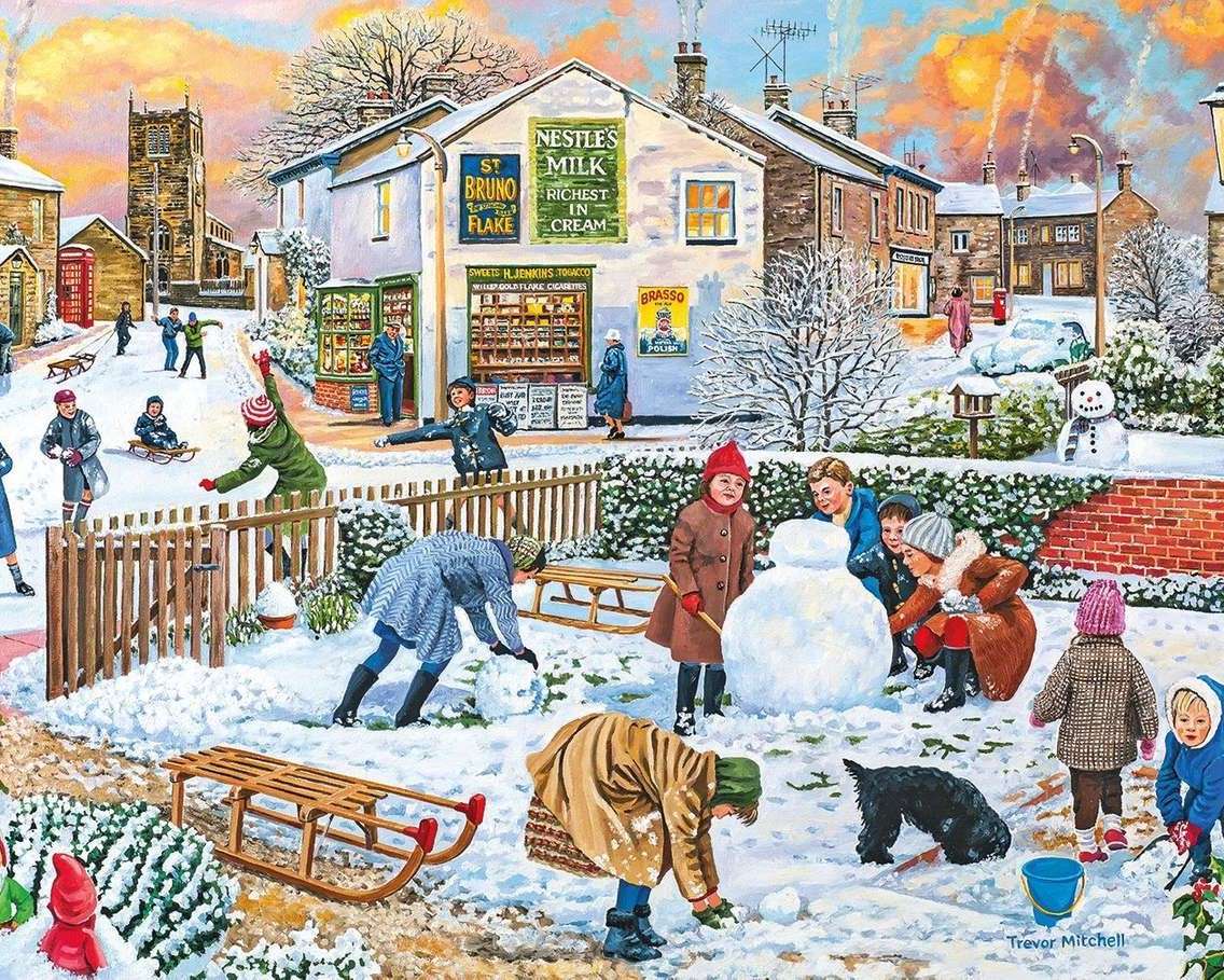 A village and fun for children in winter jigsaw puzzle online