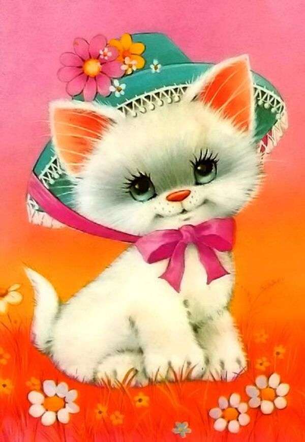 Pisicuță frumoasă cu pălărie turcoaz puzzle online