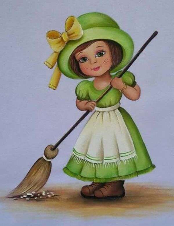 Μικρό κορίτσι με πράσινο φόρεμα που σκουπίζει online παζλ
