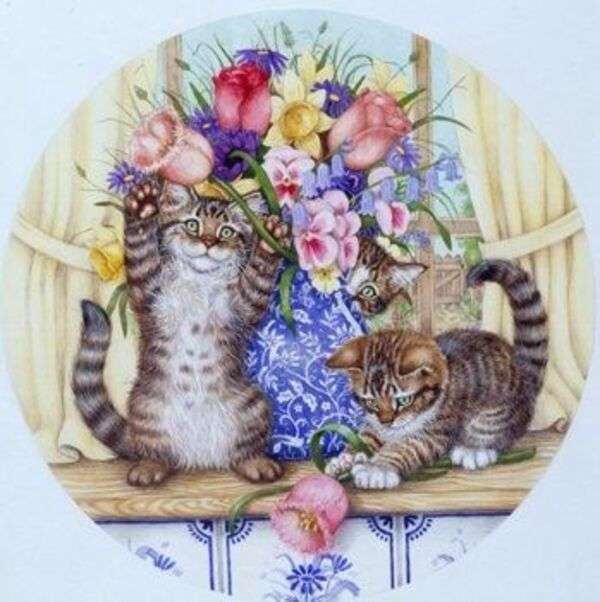 Koťata si hrají s vázou skládačky online