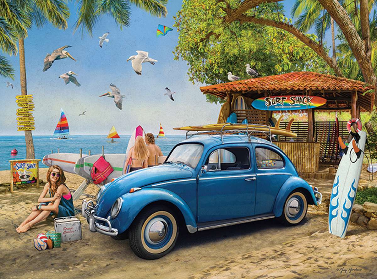 blå bil på stranden Pussel online