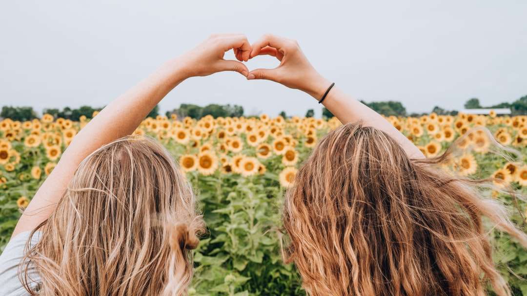 două femei care formează în formă de inimă folosind mâinile în fața câmpului de floarea-soarelui jigsaw puzzle online