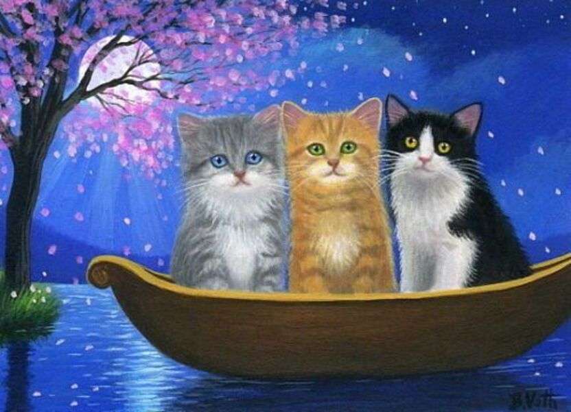 Kattungar under månen i en båt pussel på nätet