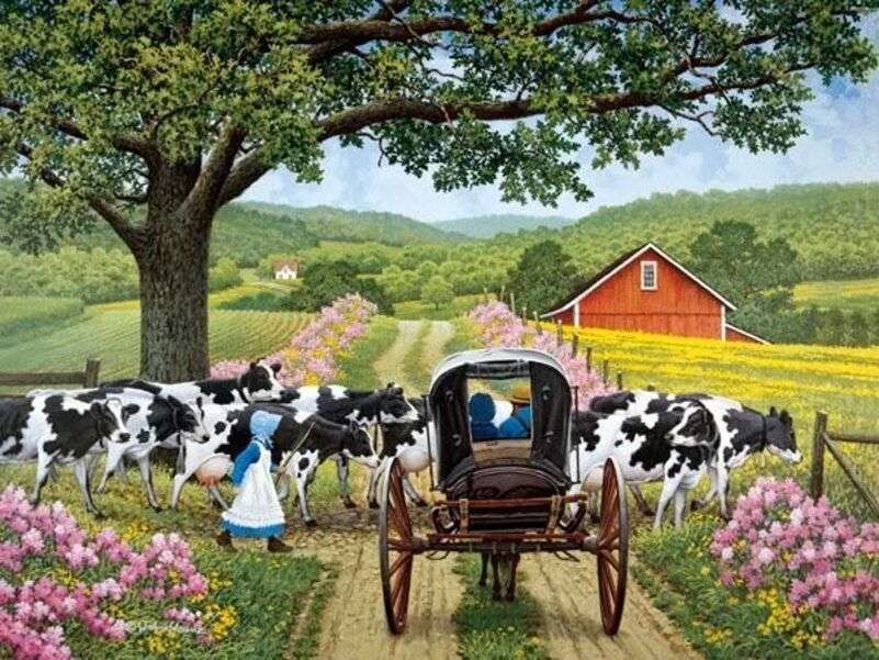 Dame führt das Vieh auf das Feld Puzzlespiel online