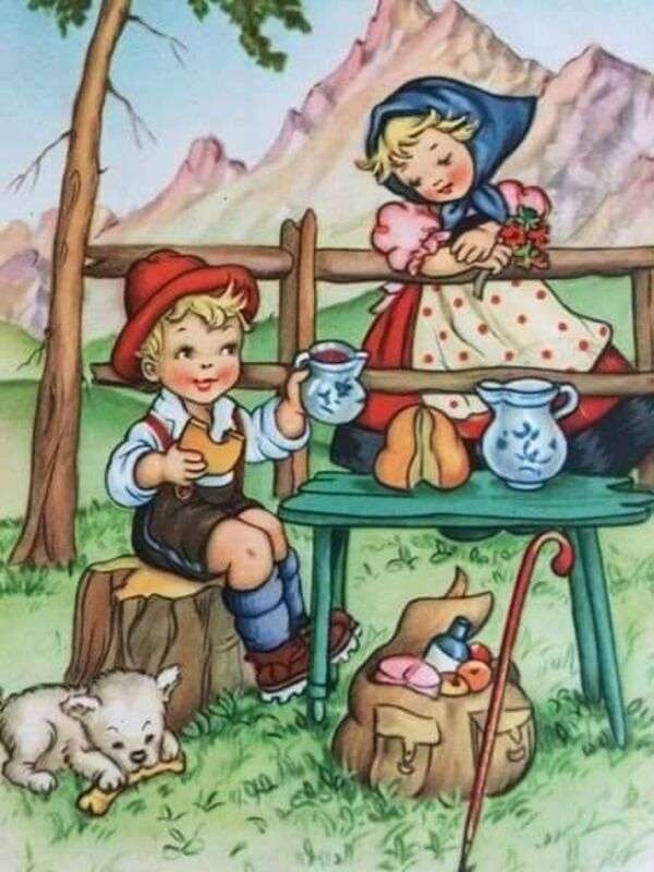 Children drinking coffee in the meadow online puzzle