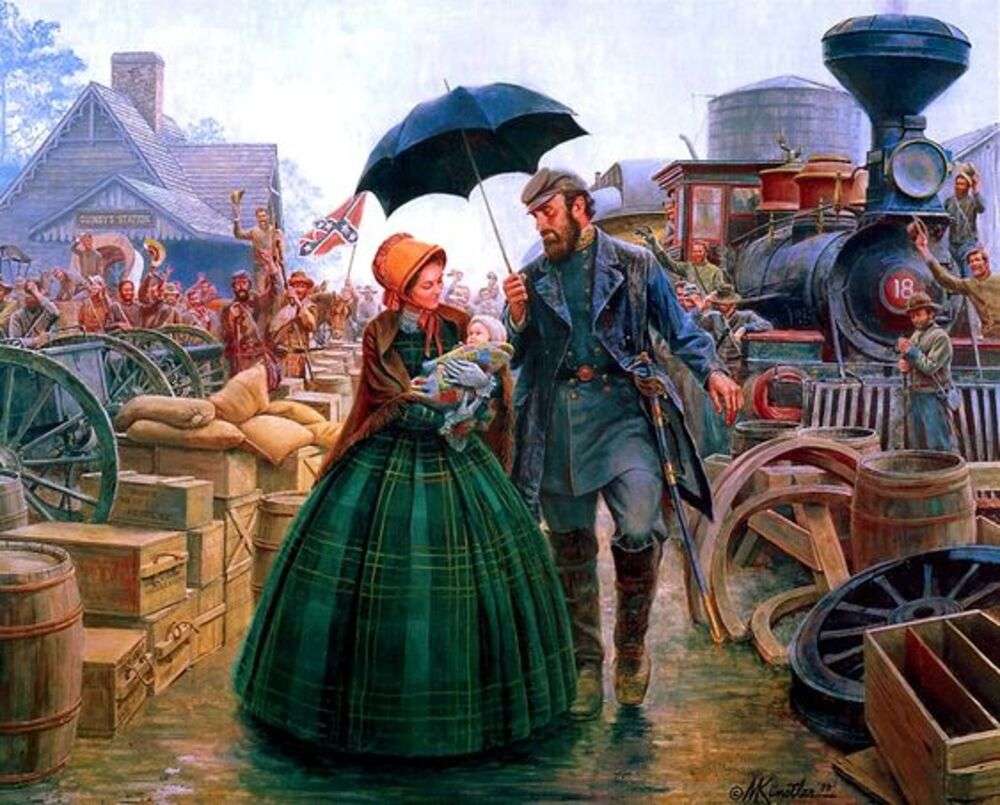 赤ちゃんと一緒に女性に傘を持っている男 ジグソーパズルオンライン