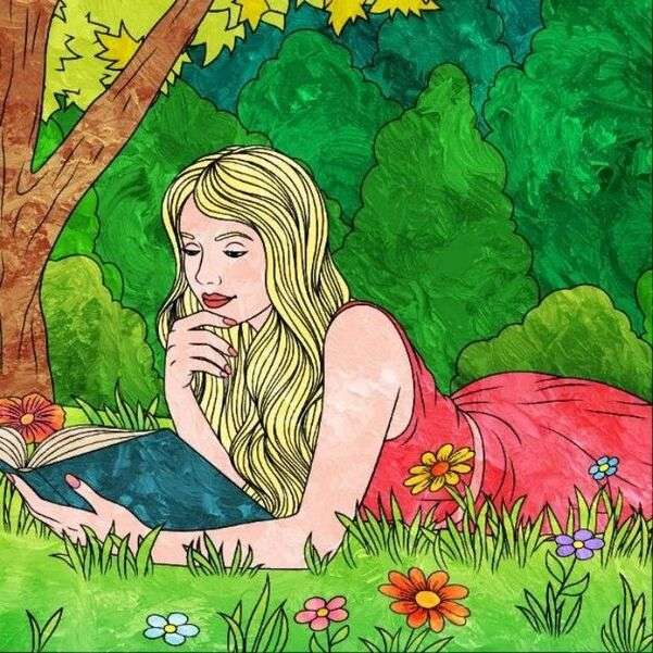 Ξανθό κορίτσι που διαβάζει στο δάσος online παζλ