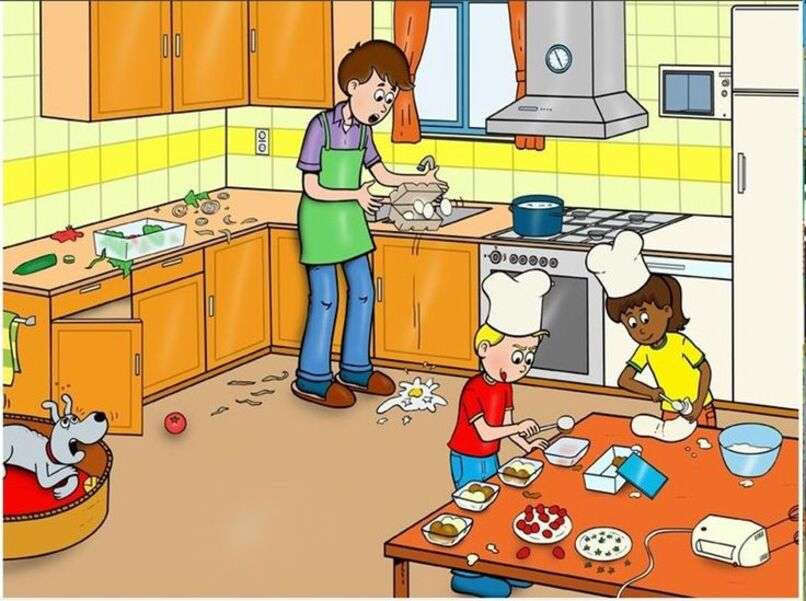 Apa és gyerekek a konyhában online puzzle