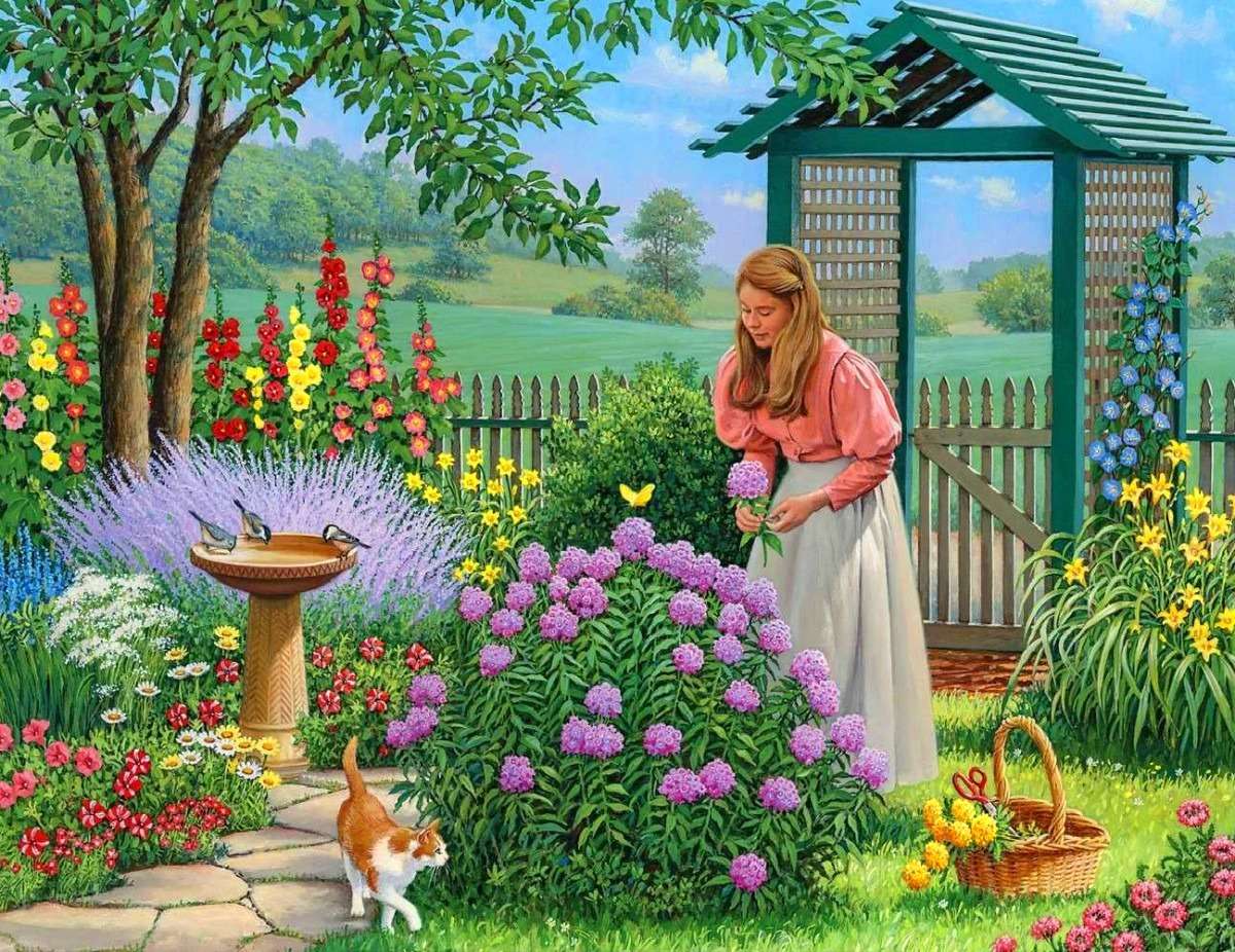 menina com gato no jardim puzzle online