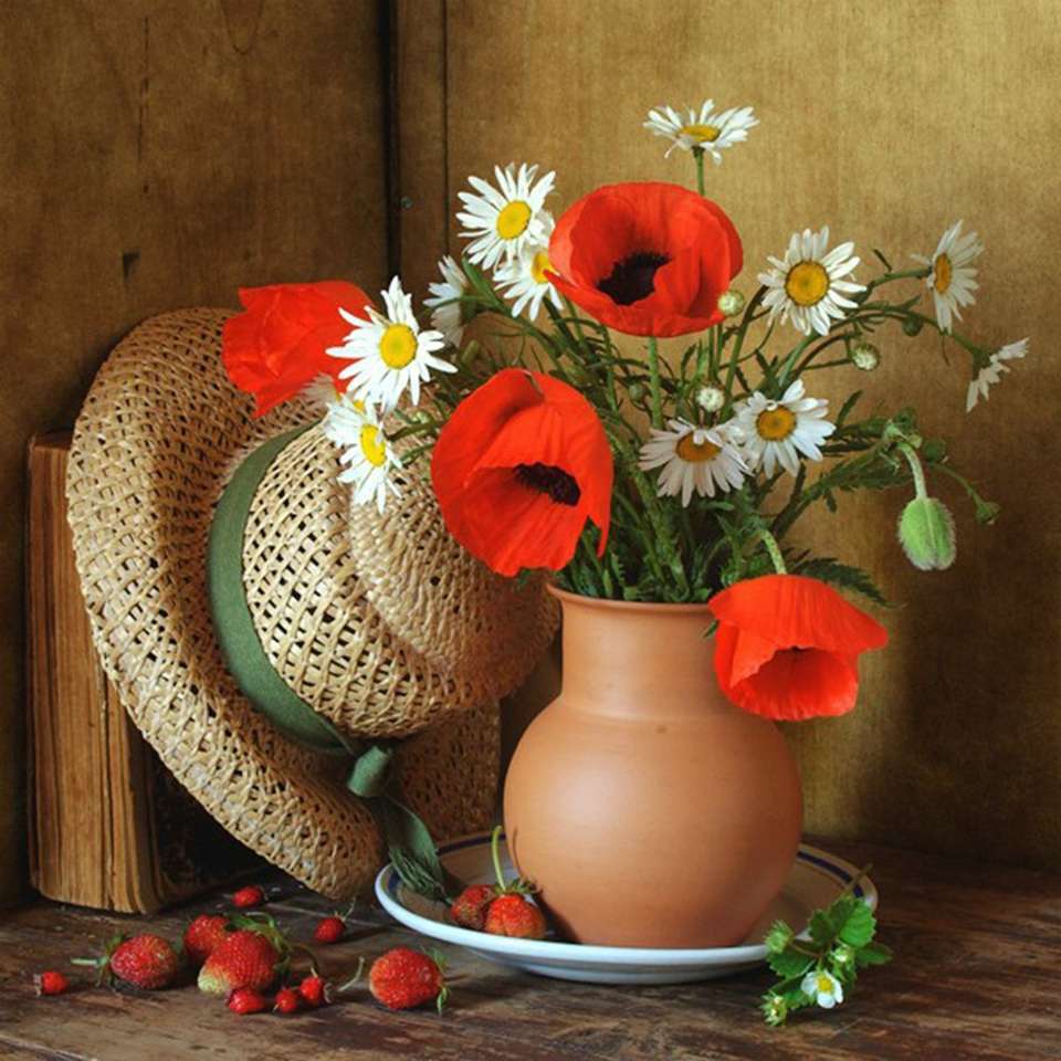 Vase mit Mohnblumen und Gänseblümchen Puzzlespiel online