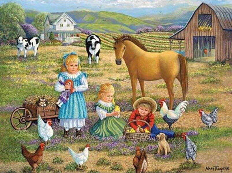 Bambini in fattoria con piccoli animali puzzle online