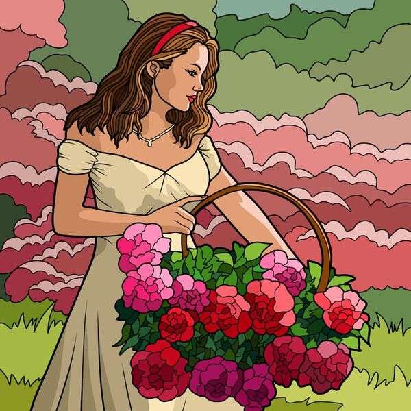 Дама с корзиной цветов онлайн-пазл