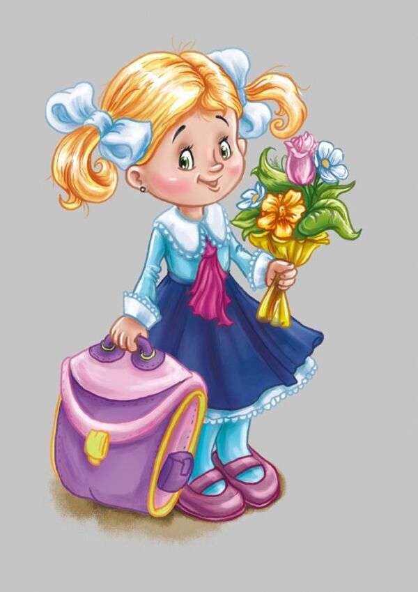 La fille va à l'école avec le bouquet des fleurs puzzle en ligne
