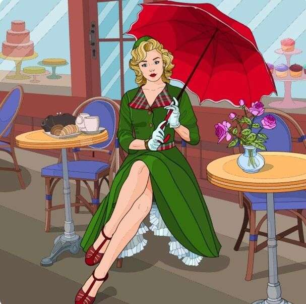 Lady rött paraply i restaurangen pussel på nätet