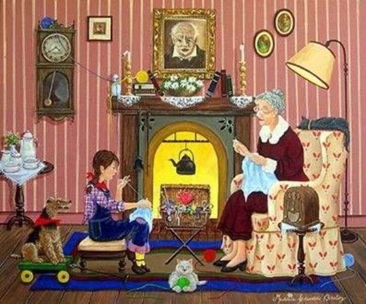 Oma bringt Enkelin das Stricken bei Online-Puzzle