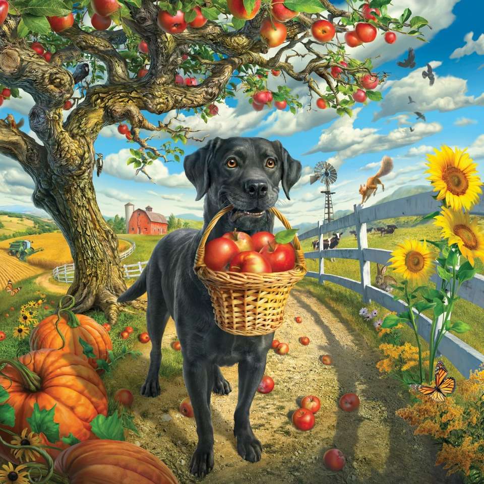 リンゴとバスケットを運ぶ子犬 ジグソーパズルオンライン