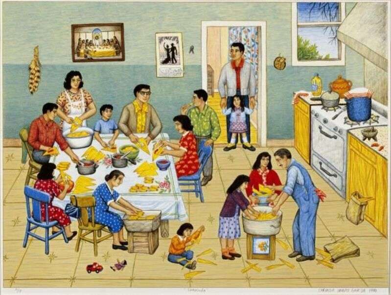 Large family preparing tamales online puzzle
